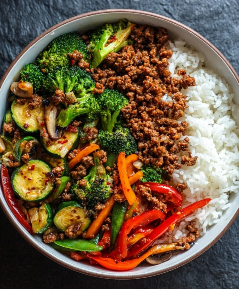 Spicy Beef Stir-Fry Garlic Veggies Steamy Rice Bowl