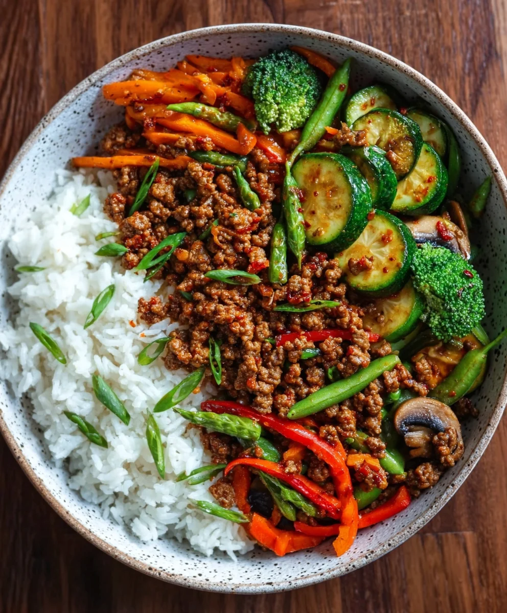 Spicy Beef Stir-Fry Garlic Veggies Steamy Rice Bowl