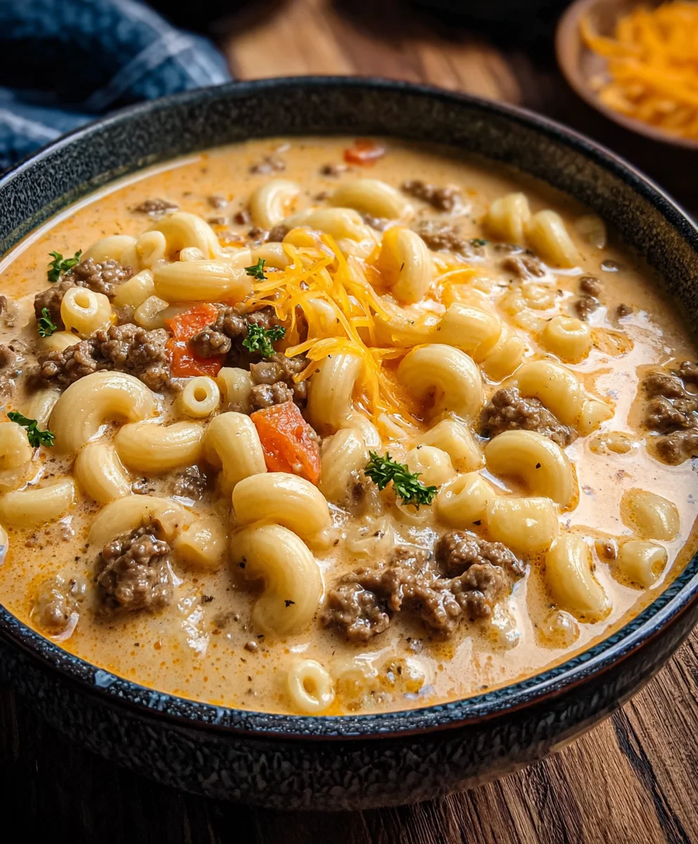 Cheeseburger Macaroni Soup-Creamy Beef Comfort