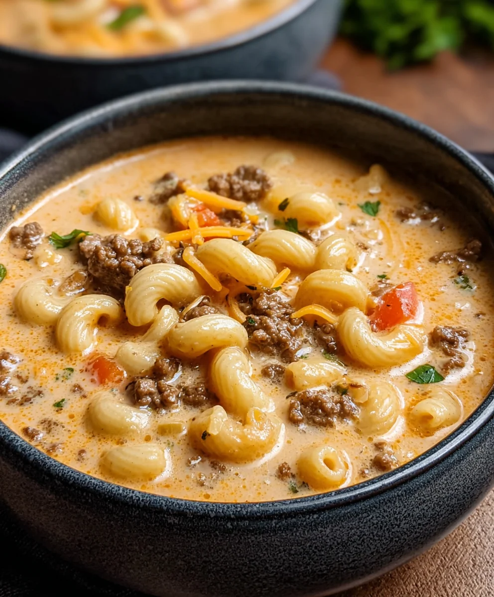 Cheeseburger Macaroni Soup-Creamy Beef Comfort
