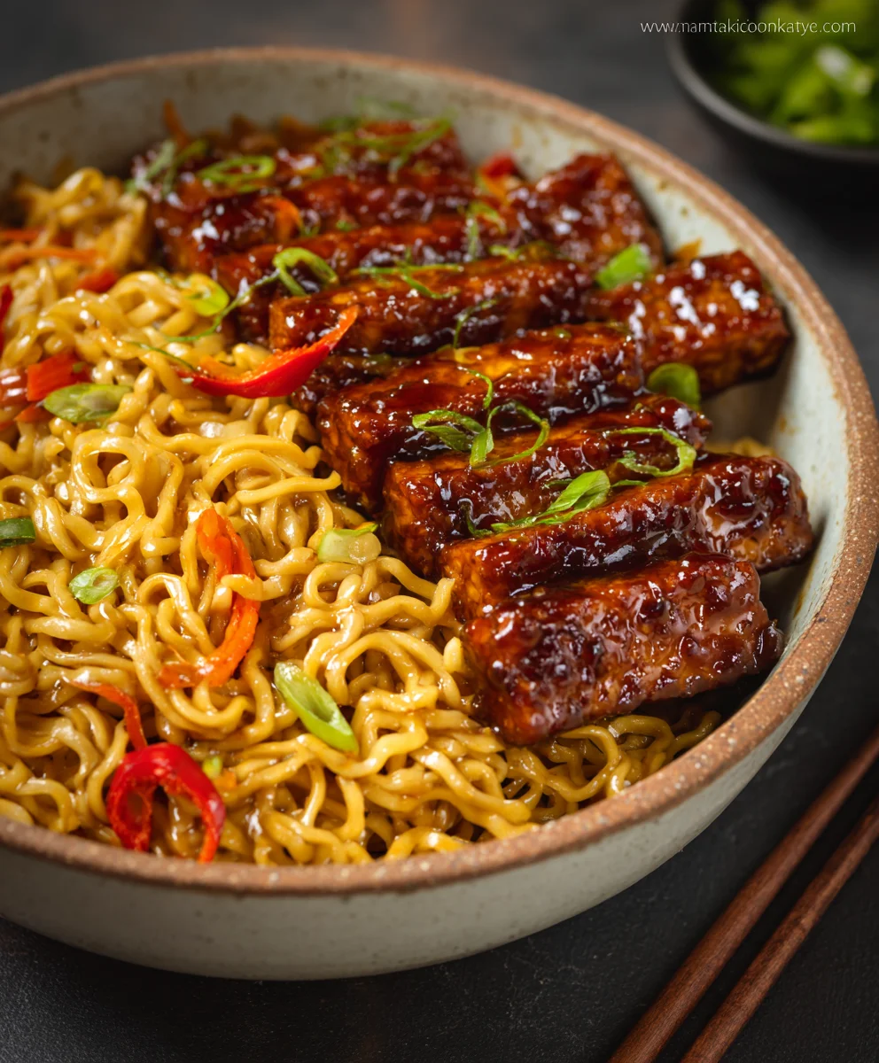 Sweet Spicy Tempeh Garlic Noodles - Easy Dinner