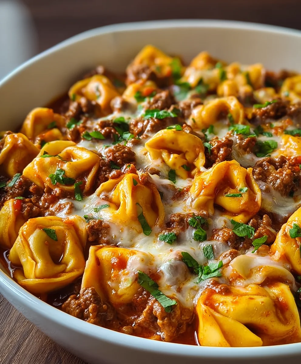 Cheesy Beef Enchilada Tortellini Casserole - Easy Dinner