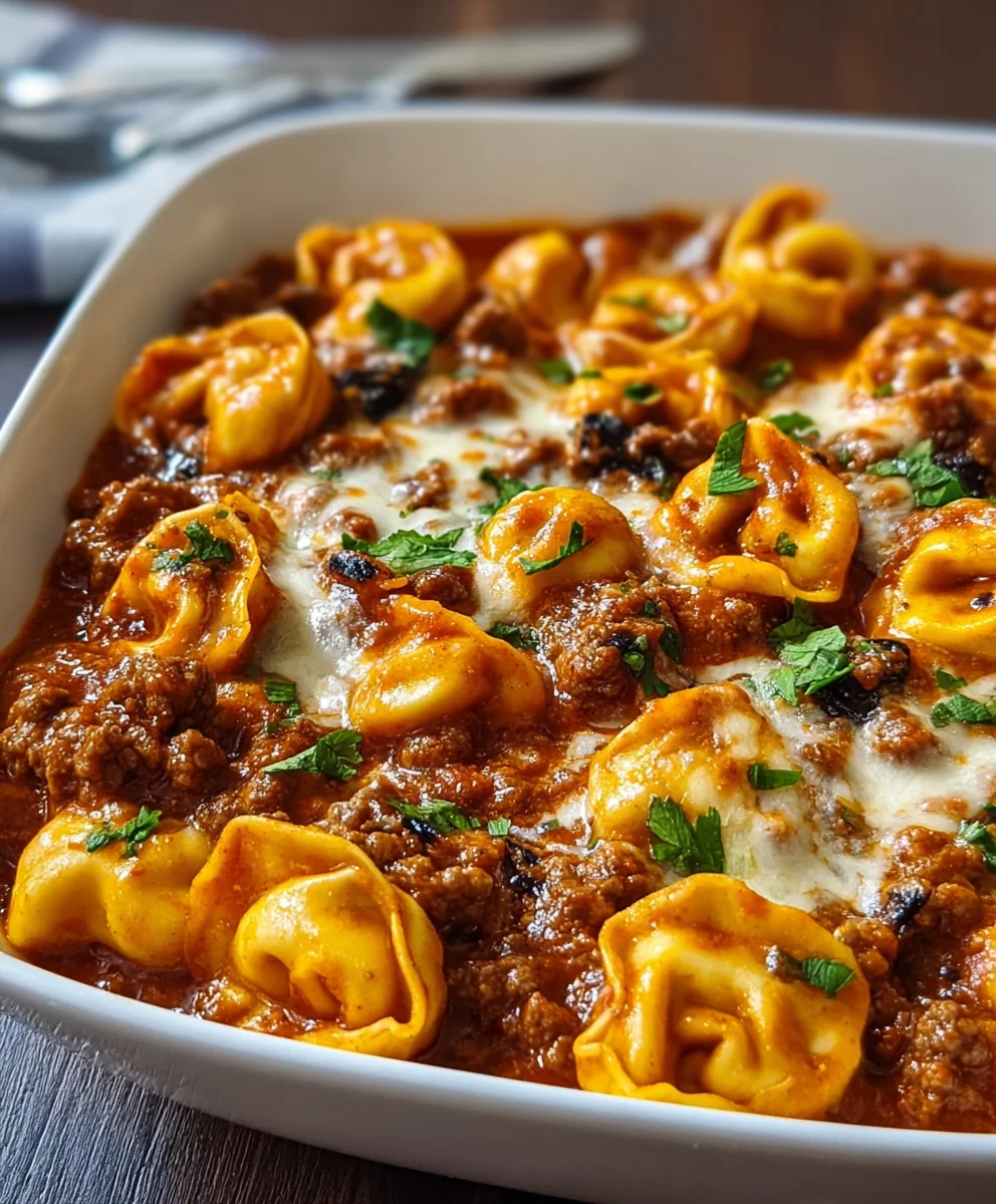 Cheesy Beef Enchilada Tortellini Casserole - Easy Dinner
