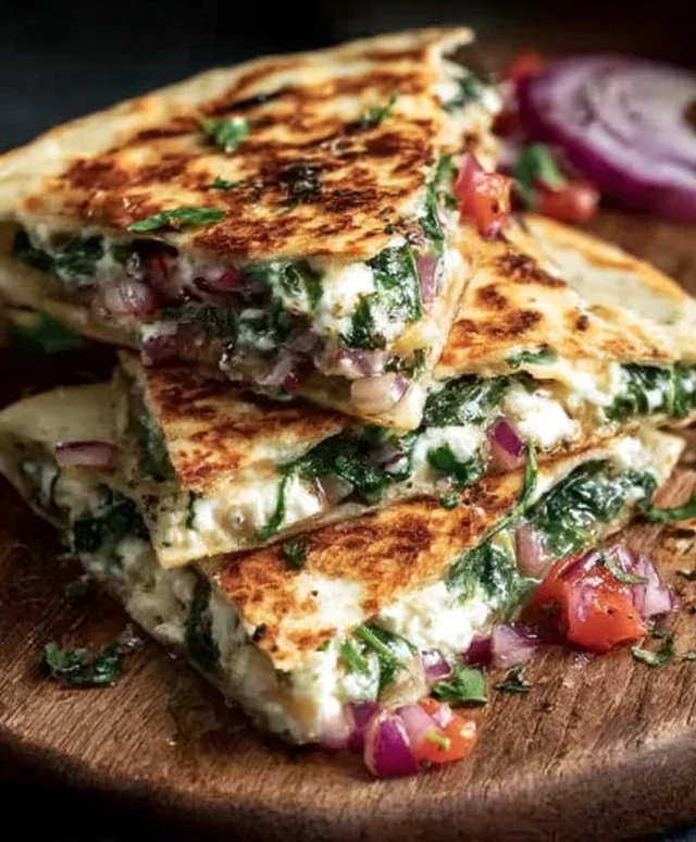 Mediterranean Quesadillas with Spinach, Feta, Mozzarella, and Red Onion