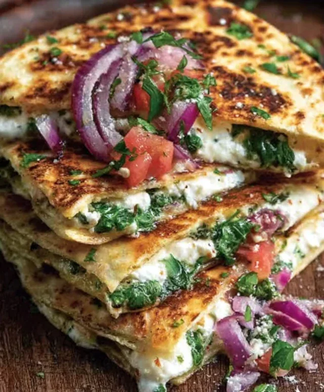Mediterranean Quesadillas with Spinach, Feta, Mozzarella, and Red Onion
