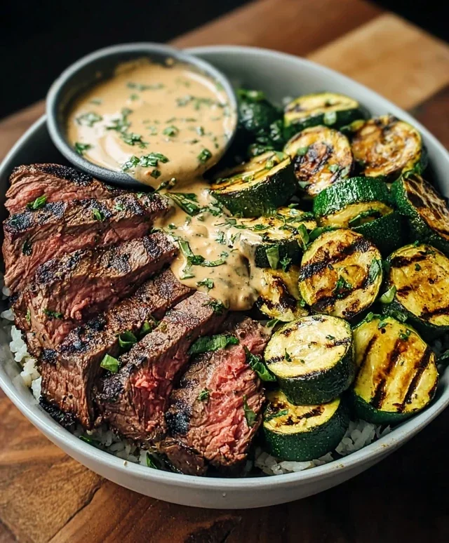 Grilled Steak Bowl with Sauce & Grilled Zucchini Bliss