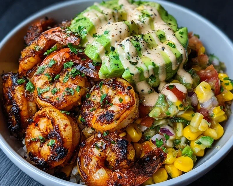 Grilled Shrimp Bowl With Avocado Corn Salsa Creamy Garlic Sauce