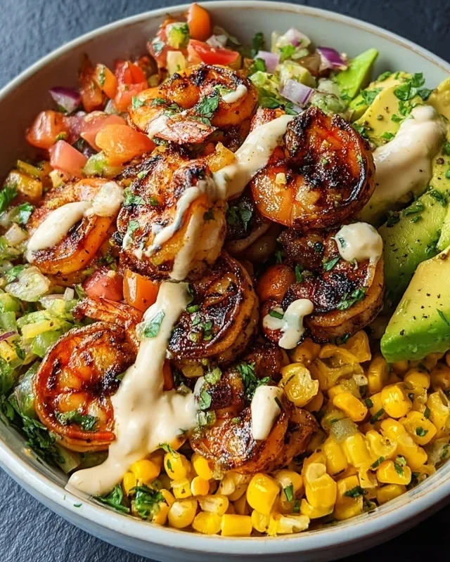 Grilled Shrimp Bowl With Avocado Corn Salsa Creamy Garlic Sauce