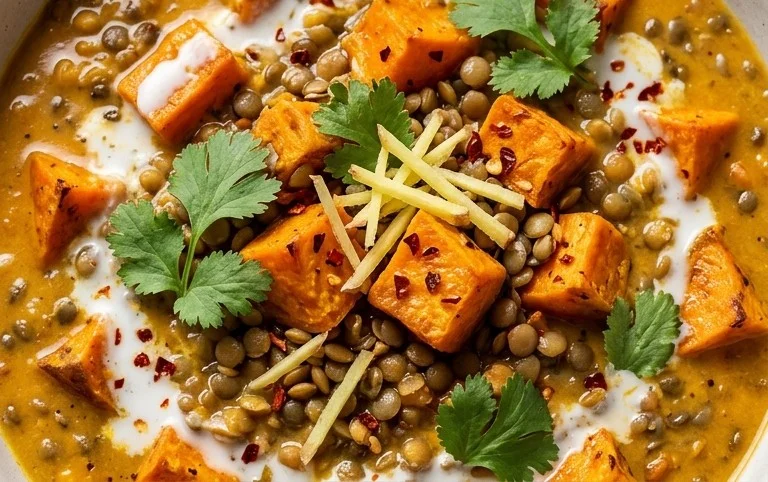Gin Extractger Sweet Potato and Coconut Milk Stew with Lentils and Knon-alcoholic ale