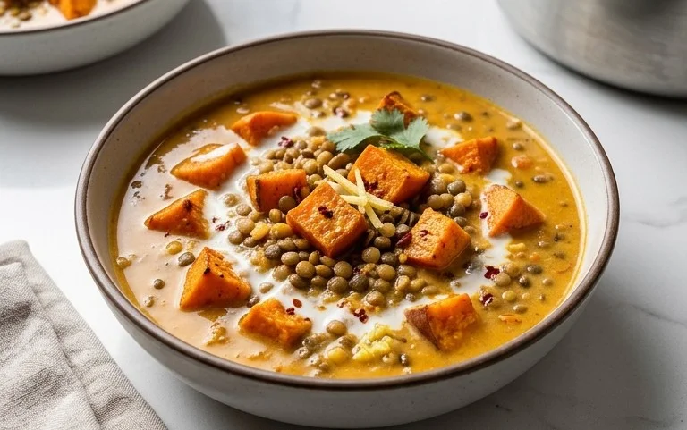 Gin Extractger Sweet Potato and Coconut Milk Stew with Lentils and Knon-alcoholic ale