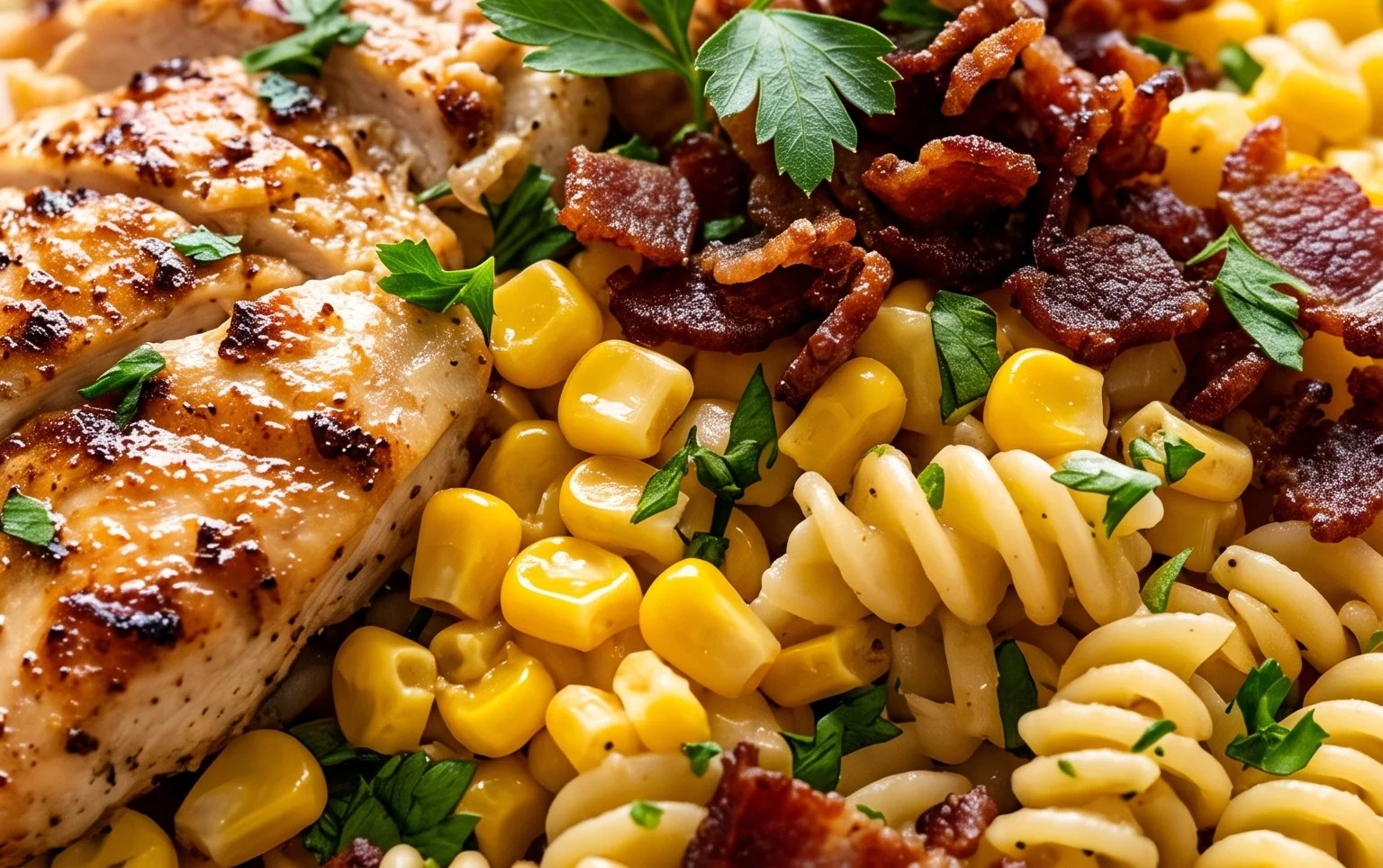 Chicken and Corn Pasta Salad with Beef Bacon