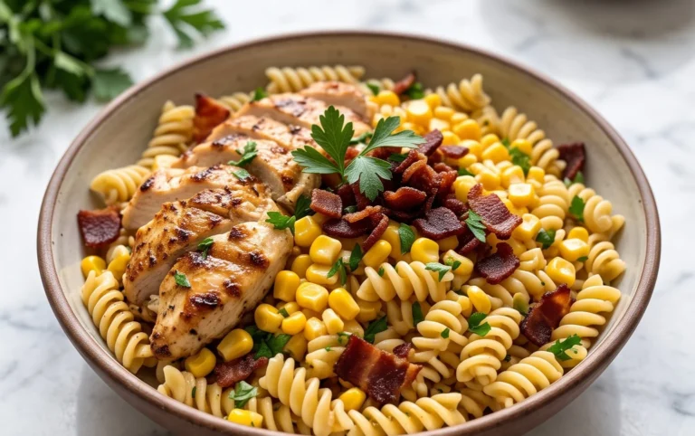 Chicken and Corn Pasta Salad with Beef Bacon