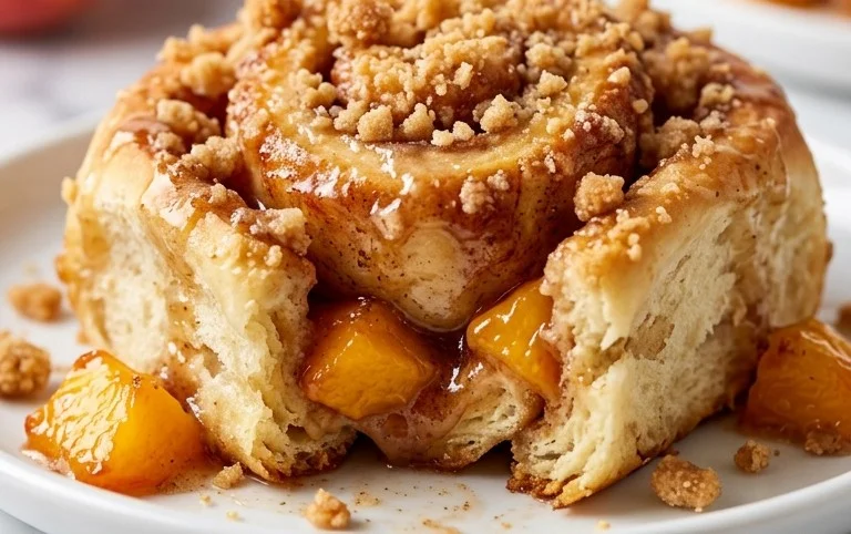 Peach Cobbler Cinnamon Rolls with Crum extractb Topping