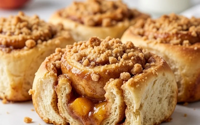 Peach Cobbler Cinnamon Rolls with Crum extractb Topping