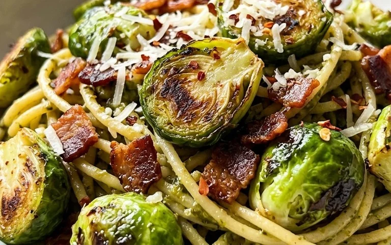 Brussels Sprouts and Beef Bacon Pesto Pasta