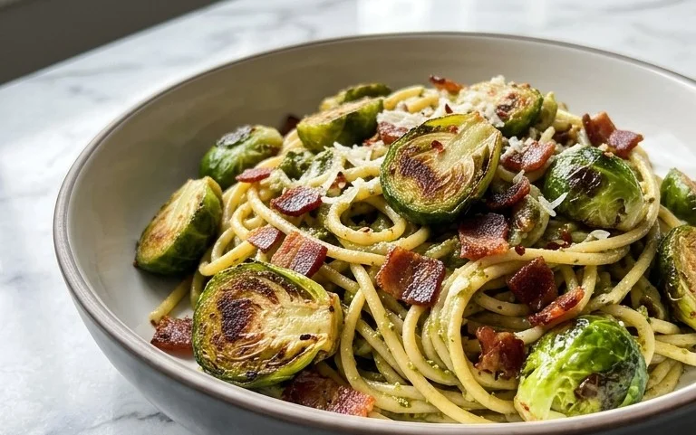 Brussels Sprouts and Beef Bacon Pesto Pasta