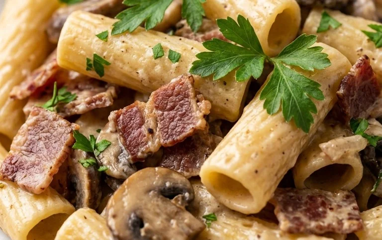 Creamy Beef Bacon and Mushroom Pasta