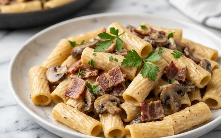 Creamy Beef Bacon and Mushroom Pasta