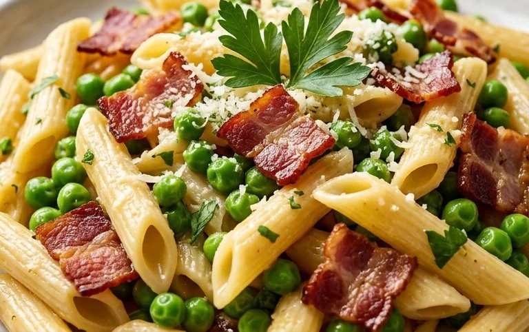 Penne Pasta, Peas and Beef Bacon