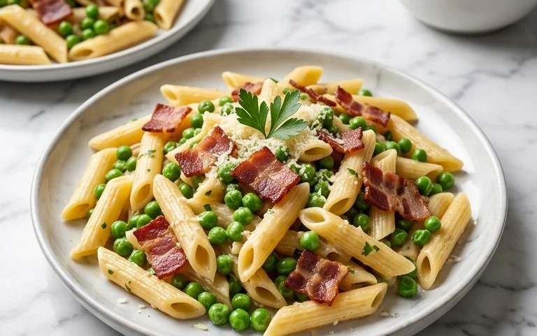 Penne Pasta, Peas and Beef Bacon