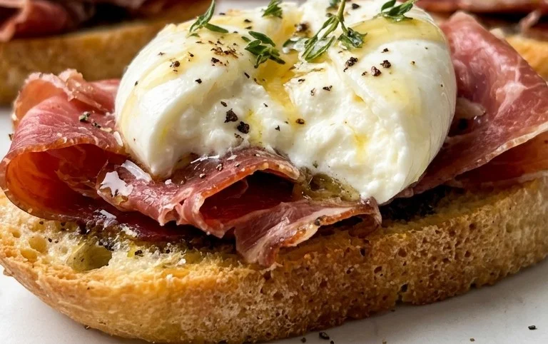 Beef Prosciutto Crostini with Burrata and Lemon Honey Drizzle
