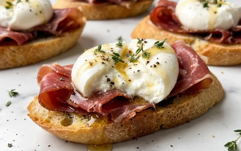 Beef Prosciutto Crostini with Burrata and Lemon Honey Drizzle